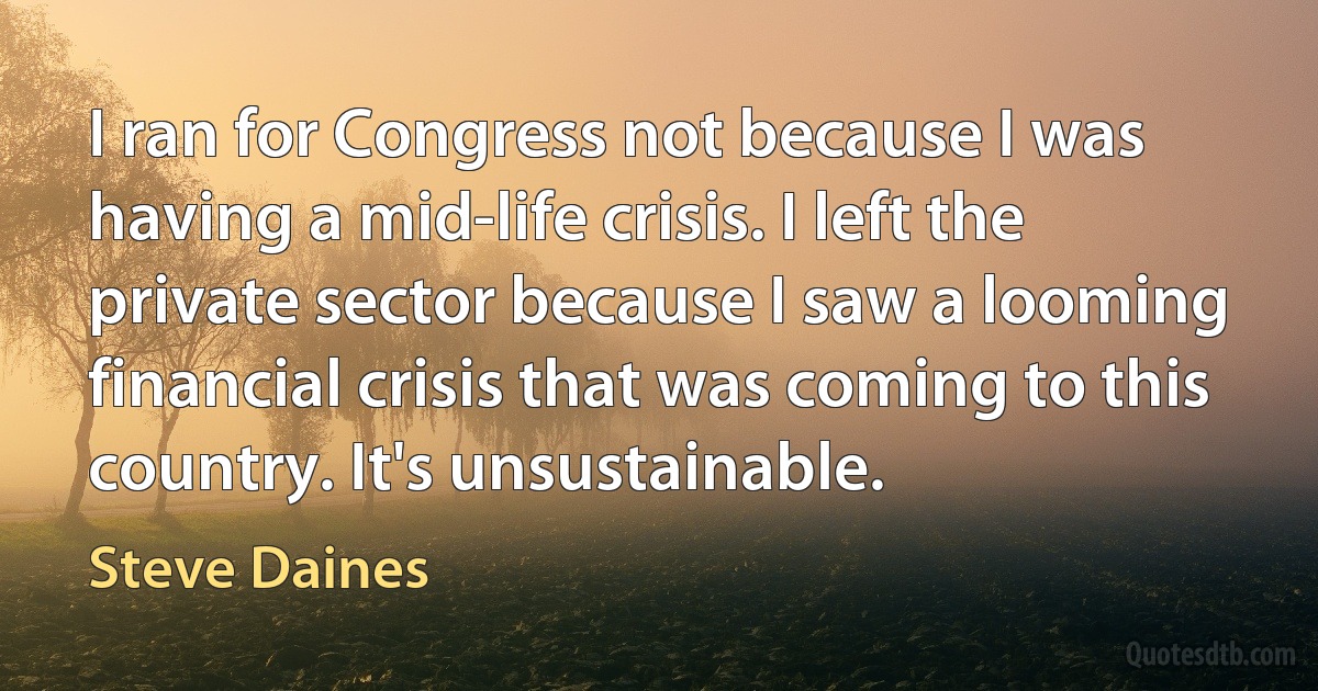 I ran for Congress not because I was having a mid-life crisis. I left the private sector because I saw a looming financial crisis that was coming to this country. It's unsustainable. (Steve Daines)