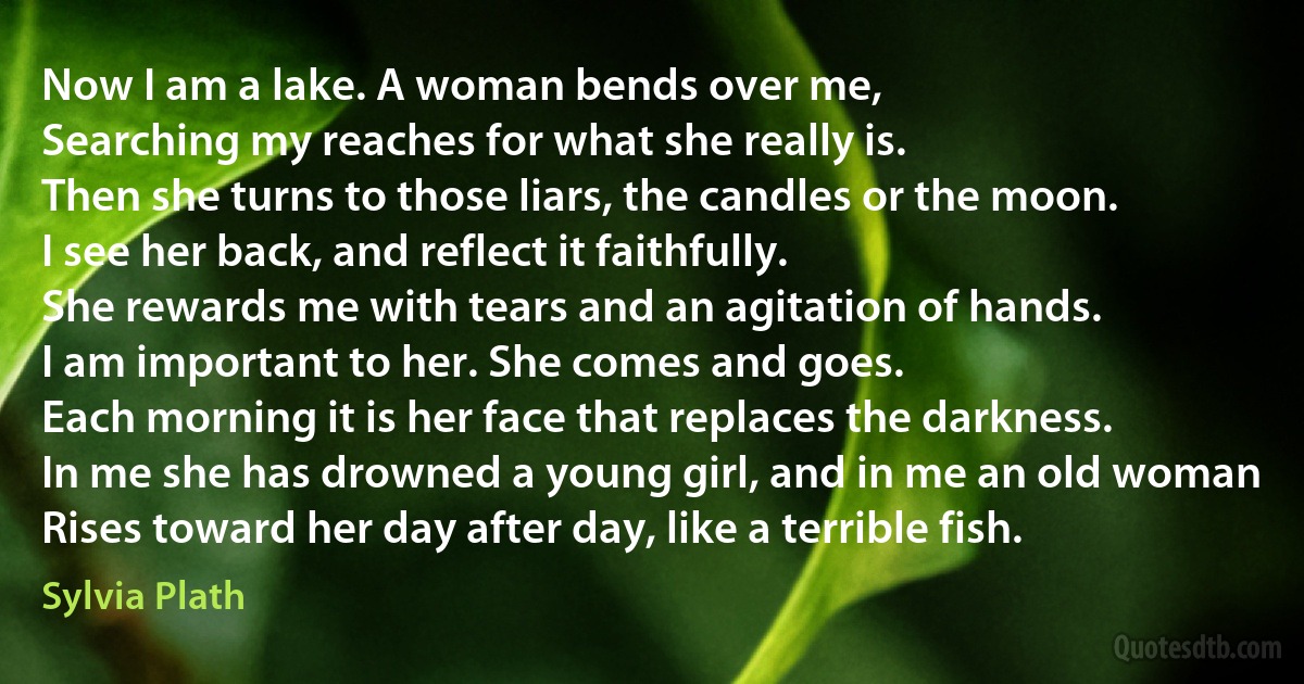 Now I am a lake. A woman bends over me,
Searching my reaches for what she really is.
Then she turns to those liars, the candles or the moon.
I see her back, and reflect it faithfully.
She rewards me with tears and an agitation of hands.
I am important to her. She comes and goes.
Each morning it is her face that replaces the darkness.
In me she has drowned a young girl, and in me an old woman
Rises toward her day after day, like a terrible fish. (Sylvia Plath)