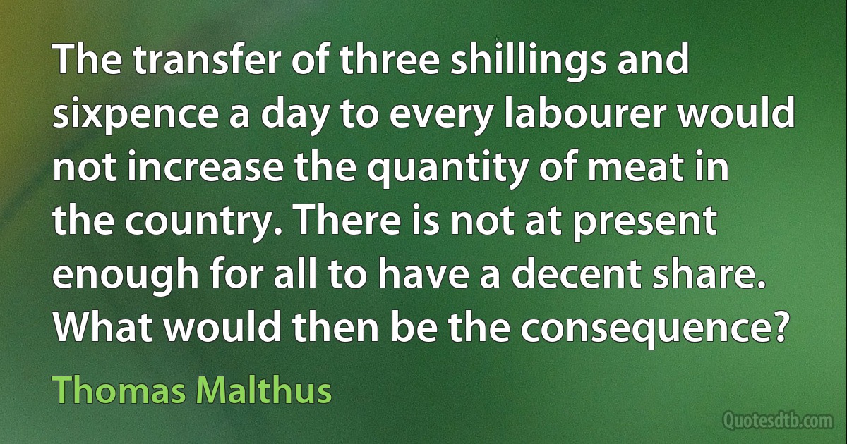 The transfer of three shillings and sixpence a day to every labourer would not increase the quantity of meat in the country. There is not at present enough for all to have a decent share. What would then be the consequence? (Thomas Malthus)