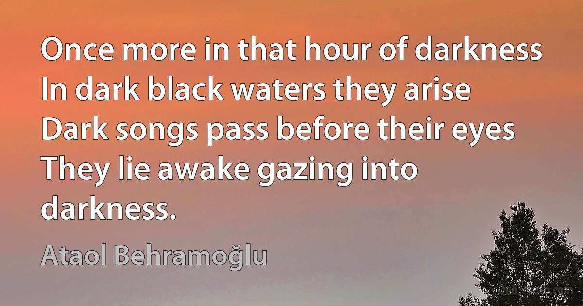 Once more in that hour of darkness
In dark black waters they arise
Dark songs pass before their eyes
They lie awake gazing into darkness. (Ataol Behramoğlu)