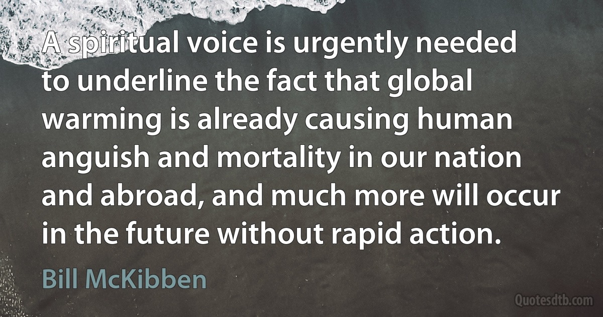 A spiritual voice is urgently needed to underline the fact that global warming is already causing human anguish and mortality in our nation and abroad, and much more will occur in the future without rapid action. (Bill McKibben)