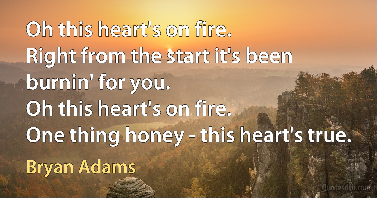 Oh this heart's on fire.
Right from the start it's been burnin' for you.
Oh this heart's on fire.
One thing honey - this heart's true. (Bryan Adams)