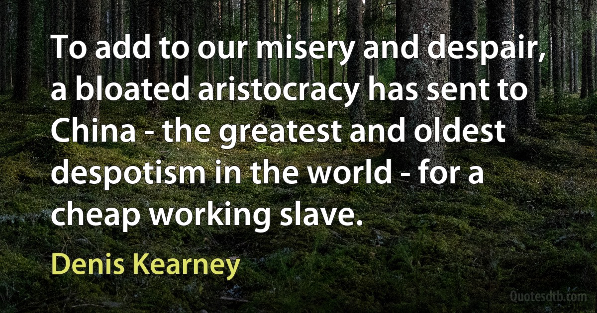 To add to our misery and despair, a bloated aristocracy has sent to China - the greatest and oldest despotism in the world - for a cheap working slave. (Denis Kearney)