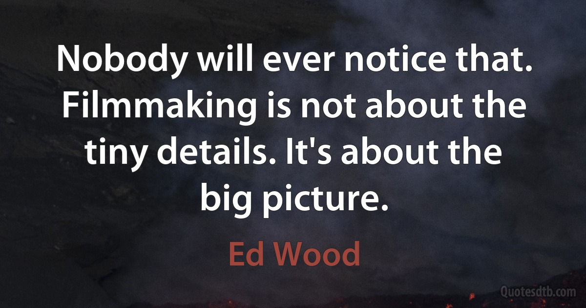 Nobody will ever notice that. Filmmaking is not about the tiny details. It's about the big picture. (Ed Wood)