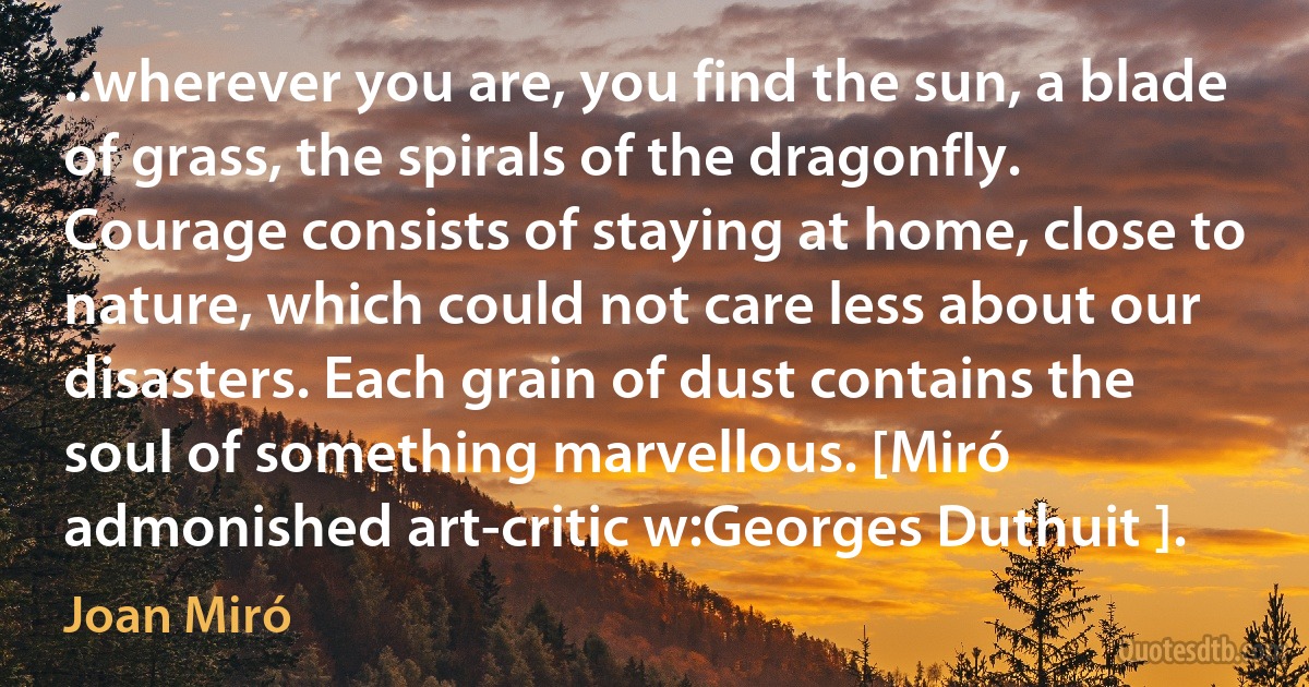 ..wherever you are, you find the sun, a blade of grass, the spirals of the dragonfly. Courage consists of staying at home, close to nature, which could not care less about our disasters. Each grain of dust contains the soul of something marvellous. [Miró admonished art-critic w:Georges Duthuit ]. (Joan Miró)