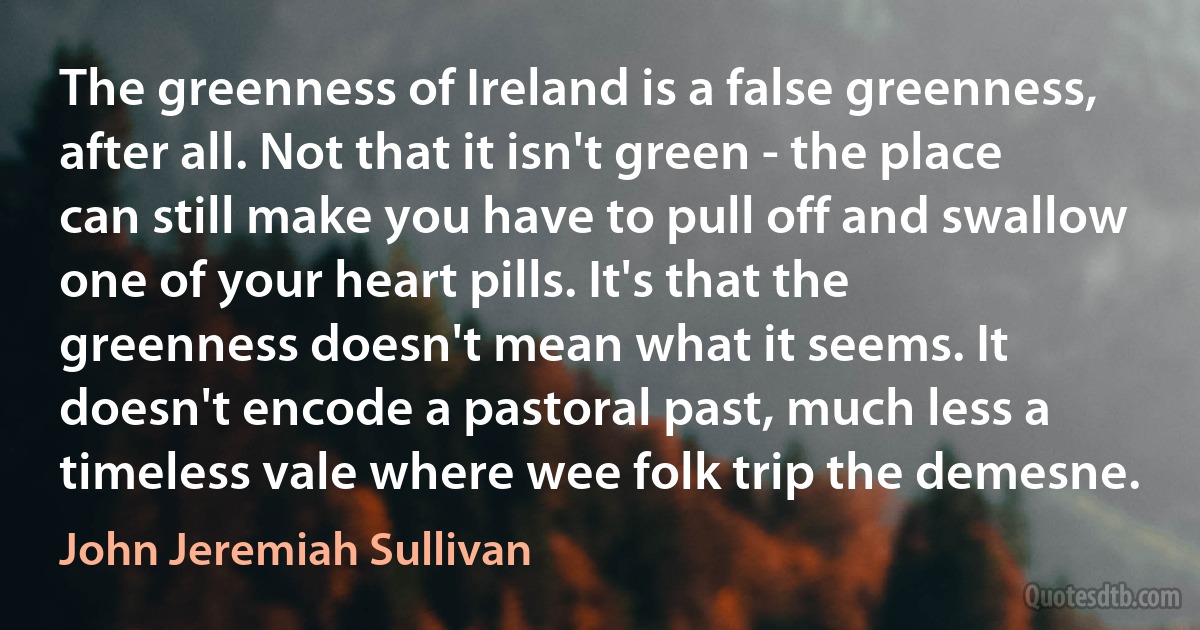 The greenness of Ireland is a false greenness, after all. Not that it isn't green - the place can still make you have to pull off and swallow one of your heart pills. It's that the greenness doesn't mean what it seems. It doesn't encode a pastoral past, much less a timeless vale where wee folk trip the demesne. (John Jeremiah Sullivan)