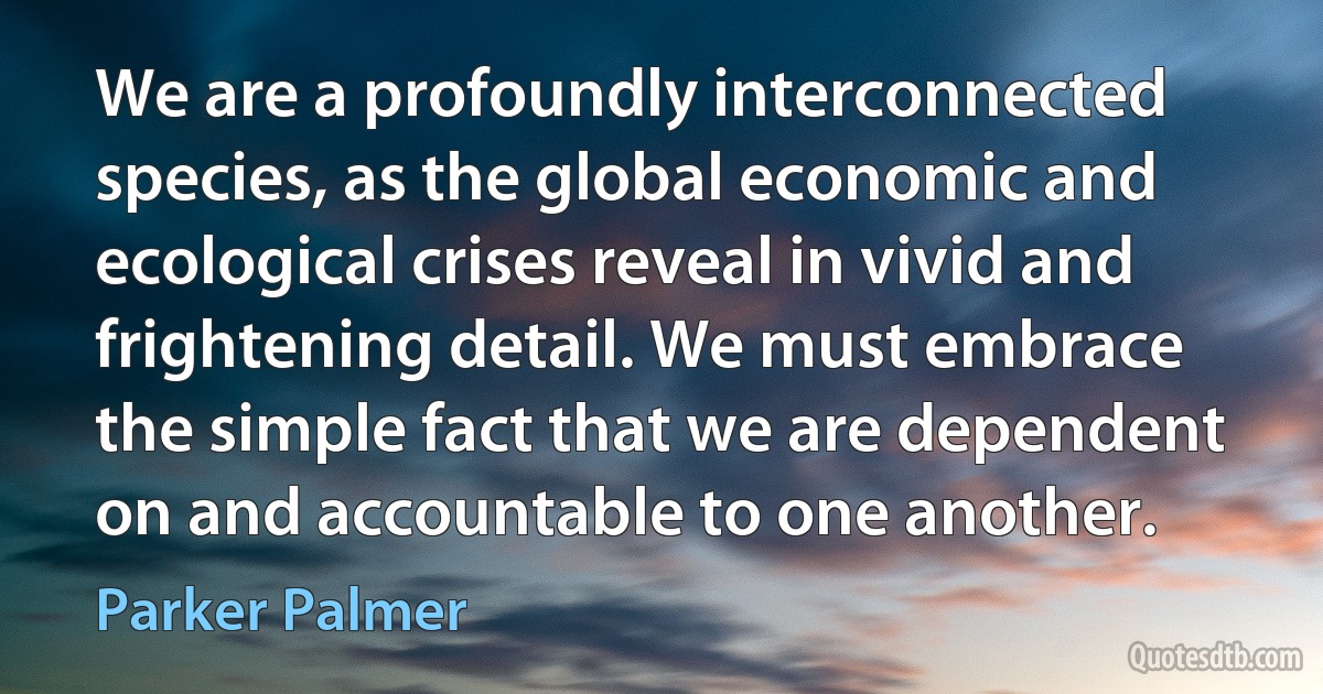 We are a profoundly interconnected species, as the global economic and ecological crises reveal in vivid and frightening detail. We must embrace the simple fact that we are dependent on and accountable to one another. (Parker Palmer)