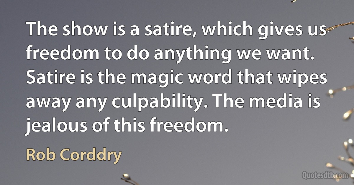 The show is a satire, which gives us freedom to do anything we want. Satire is the magic word that wipes away any culpability. The media is jealous of this freedom. (Rob Corddry)