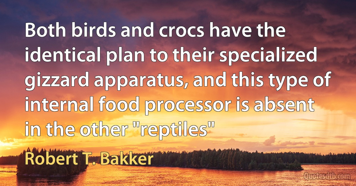 Both birds and crocs have the identical plan to their specialized gizzard apparatus, and this type of internal food processor is absent in the other "reptiles" (Robert T. Bakker)