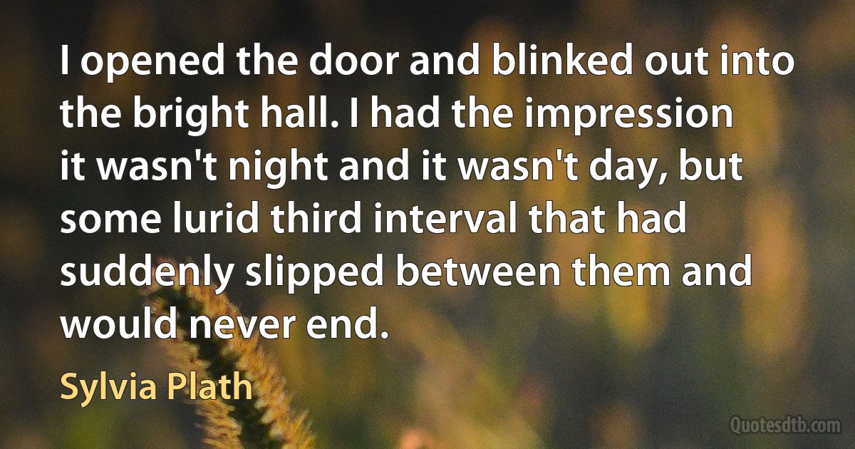 I opened the door and blinked out into the bright hall. I had the impression it wasn't night and it wasn't day, but some lurid third interval that had suddenly slipped between them and would never end. (Sylvia Plath)