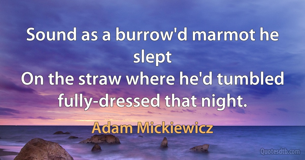 Sound as a burrow'd marmot he slept
On the straw where he'd tumbled fully-dressed that night. (Adam Mickiewicz)