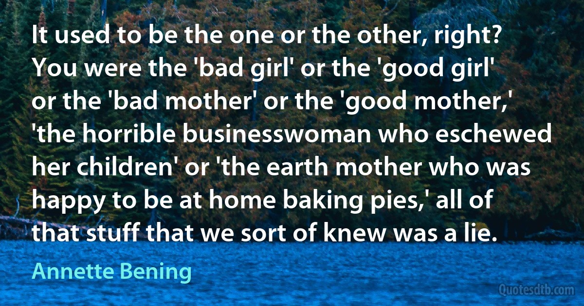 It used to be the one or the other, right? You were the 'bad girl' or the 'good girl' or the 'bad mother' or the 'good mother,' 'the horrible businesswoman who eschewed her children' or 'the earth mother who was happy to be at home baking pies,' all of that stuff that we sort of knew was a lie. (Annette Bening)