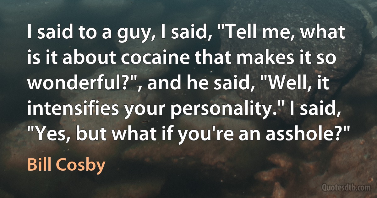 I said to a guy, I said, "Tell me, what is it about cocaine that makes it so wonderful?", and he said, "Well, it intensifies your personality." I said, "Yes, but what if you're an asshole?" (Bill Cosby)