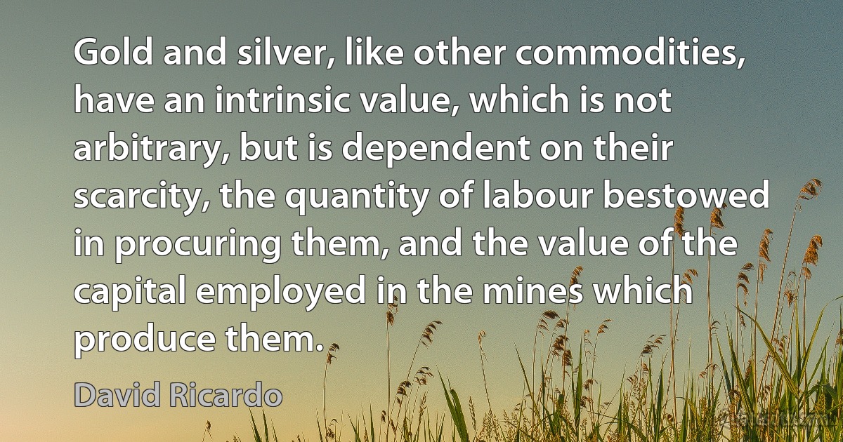 Gold and silver, like other commodities, have an intrinsic value, which is not arbitrary, but is dependent on their scarcity, the quantity of labour bestowed in procuring them, and the value of the capital employed in the mines which produce them. (David Ricardo)