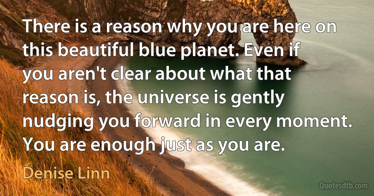 There is a reason why you are here on this beautiful blue planet. Even if you aren't clear about what that reason is, the universe is gently nudging you forward in every moment. You are enough just as you are. (Denise Linn)