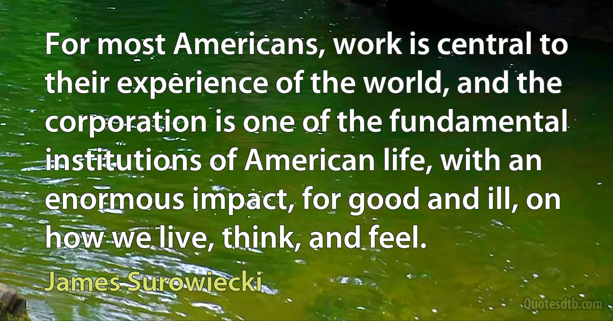 For most Americans, work is central to their experience of the world, and the corporation is one of the fundamental institutions of American life, with an enormous impact, for good and ill, on how we live, think, and feel. (James Surowiecki)