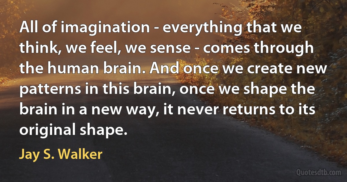 All of imagination - everything that we think, we feel, we sense - comes through the human brain. And once we create new patterns in this brain, once we shape the brain in a new way, it never returns to its original shape. (Jay S. Walker)