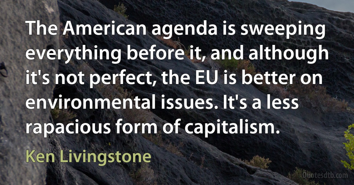 The American agenda is sweeping everything before it, and although it's not perfect, the EU is better on environmental issues. It's a less rapacious form of capitalism. (Ken Livingstone)