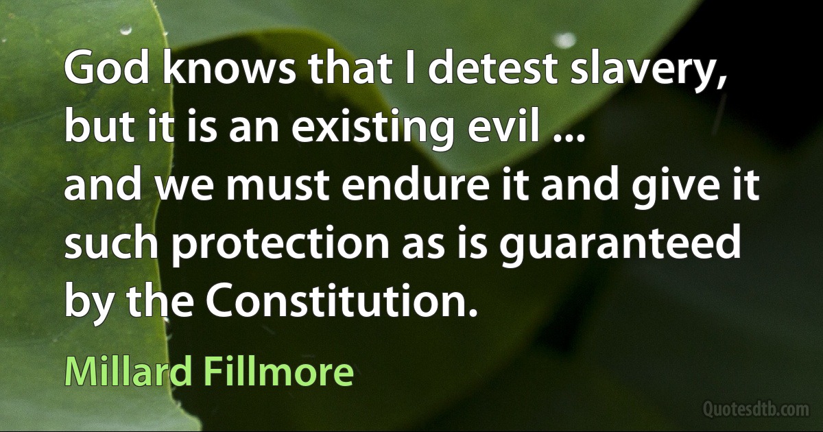 God knows that I detest slavery, but it is an existing evil ... and we must endure it and give it such protection as is guaranteed by the Constitution. (Millard Fillmore)