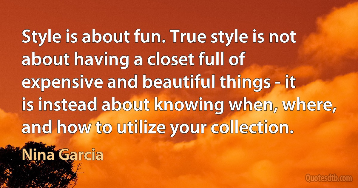 Style is about fun. True style is not about having a closet full of expensive and beautiful things - it is instead about knowing when, where, and how to utilize your collection. (Nina Garcia)