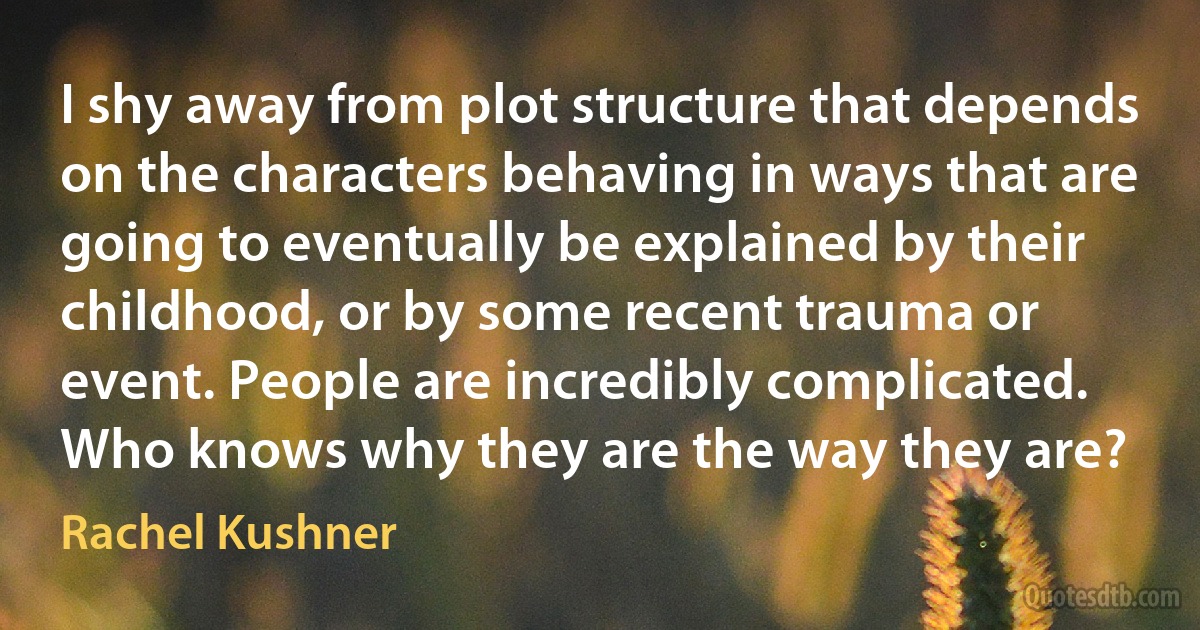 I shy away from plot structure that depends on the characters behaving in ways that are going to eventually be explained by their childhood, or by some recent trauma or event. People are incredibly complicated. Who knows why they are the way they are? (Rachel Kushner)