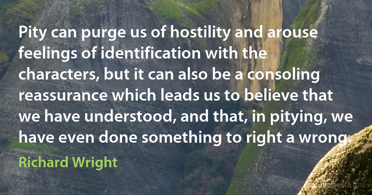 Pity can purge us of hostility and arouse feelings of identification with the characters, but it can also be a consoling reassurance which leads us to believe that we have understood, and that, in pitying, we have even done something to right a wrong. (Richard Wright)