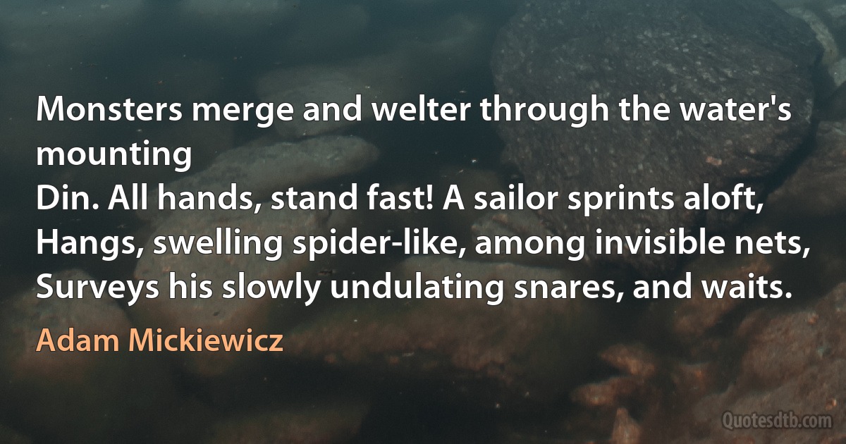 Monsters merge and welter through the water's mounting
Din. All hands, stand fast! A sailor sprints aloft,
Hangs, swelling spider-like, among invisible nets,
Surveys his slowly undulating snares, and waits. (Adam Mickiewicz)