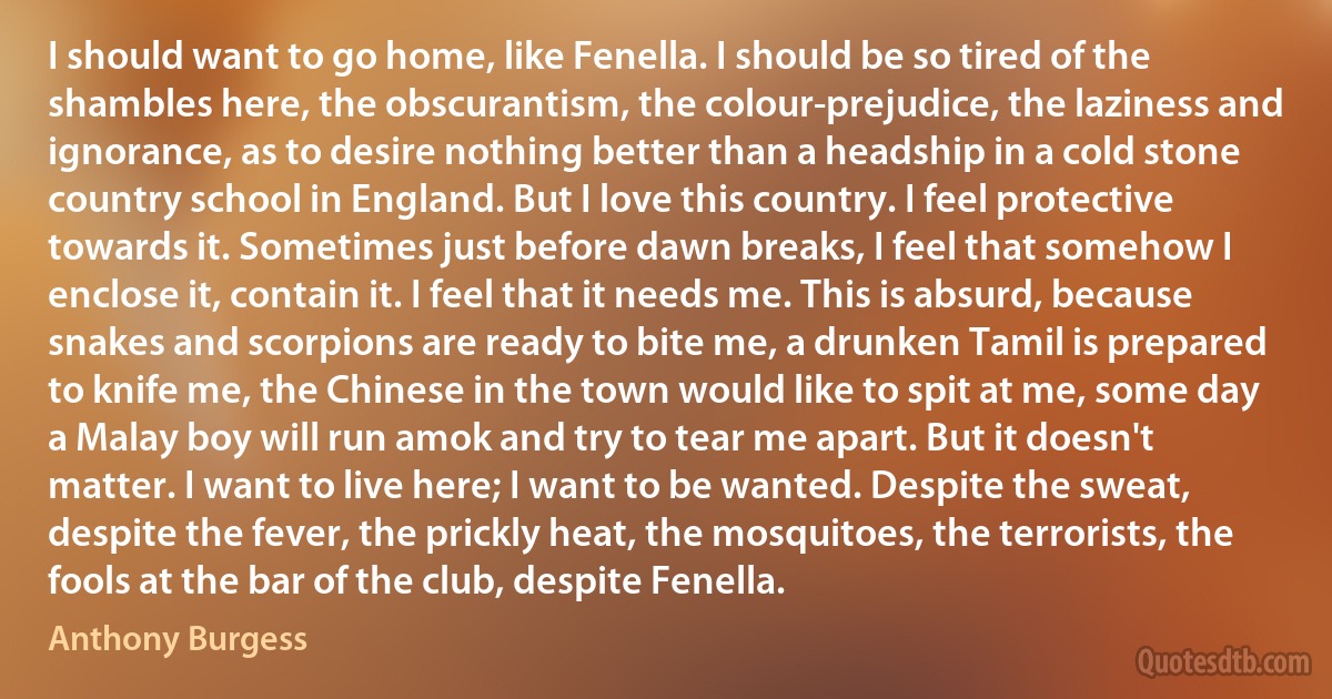 I should want to go home, like Fenella. I should be so tired of the shambles here, the obscurantism, the colour-prejudice, the laziness and ignorance, as to desire nothing better than a headship in a cold stone country school in England. But I love this country. I feel protective towards it. Sometimes just before dawn breaks, I feel that somehow I enclose it, contain it. I feel that it needs me. This is absurd, because snakes and scorpions are ready to bite me, a drunken Tamil is prepared to knife me, the Chinese in the town would like to spit at me, some day a Malay boy will run amok and try to tear me apart. But it doesn't matter. I want to live here; I want to be wanted. Despite the sweat, despite the fever, the prickly heat, the mosquitoes, the terrorists, the fools at the bar of the club, despite Fenella. (Anthony Burgess)