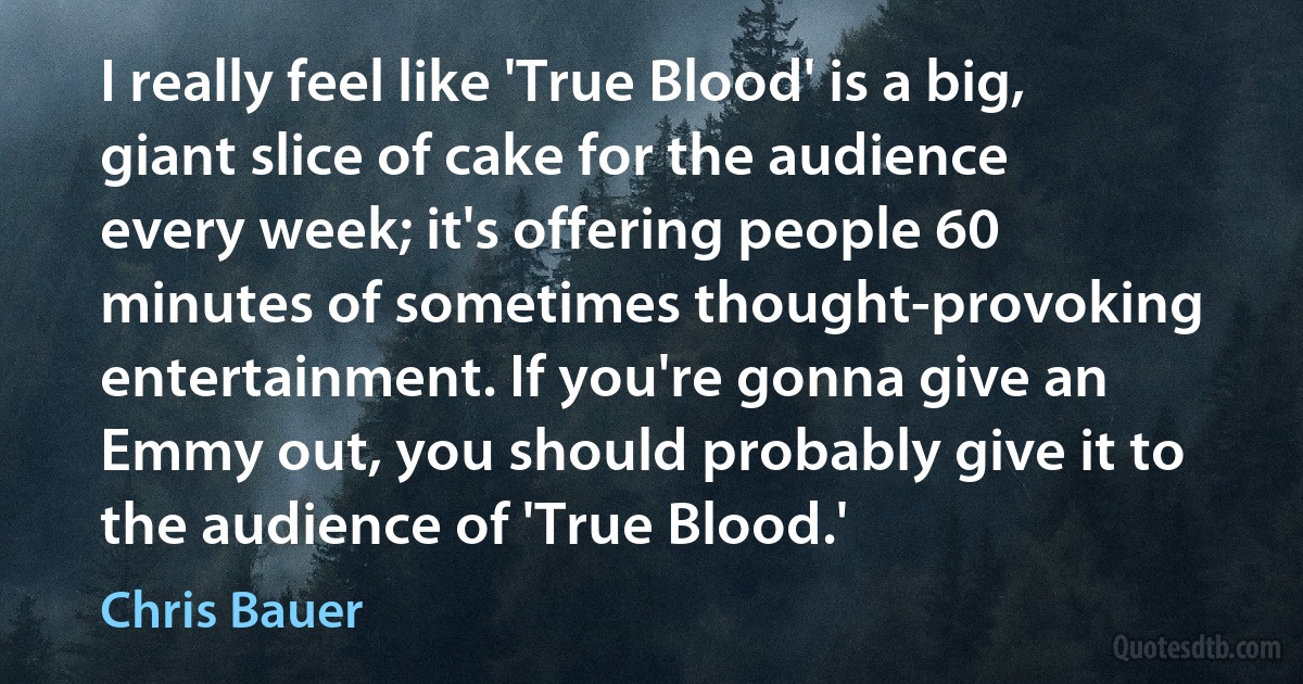 I really feel like 'True Blood' is a big, giant slice of cake for the audience every week; it's offering people 60 minutes of sometimes thought-provoking entertainment. If you're gonna give an Emmy out, you should probably give it to the audience of 'True Blood.' (Chris Bauer)