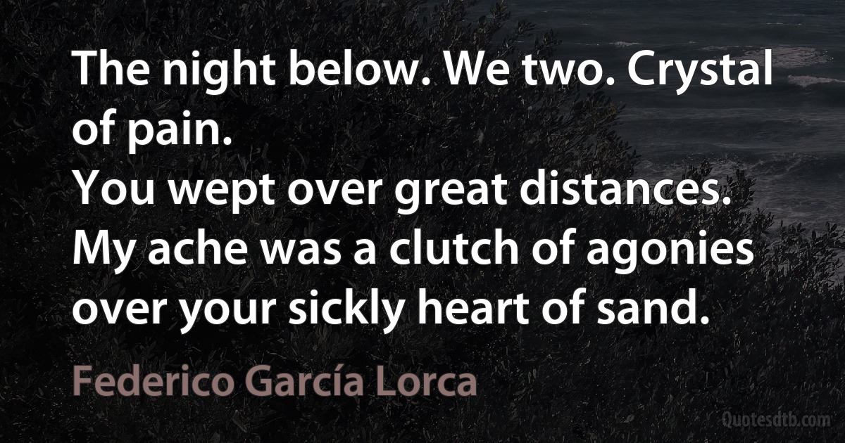 The night below. We two. Crystal of pain.
You wept over great distances.
My ache was a clutch of agonies
over your sickly heart of sand. (Federico García Lorca)