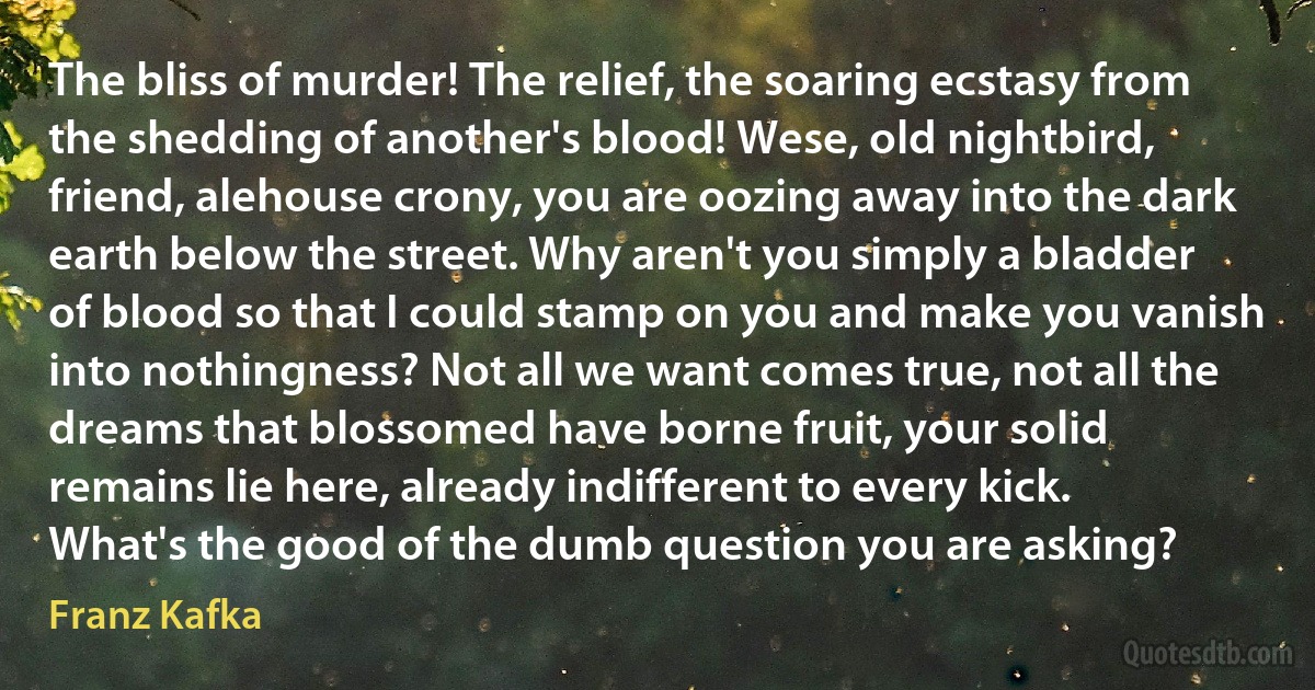 The bliss of murder! The relief, the soaring ecstasy from the shedding of another's blood! Wese, old nightbird, friend, alehouse crony, you are oozing away into the dark earth below the street. Why aren't you simply a bladder of blood so that I could stamp on you and make you vanish into nothingness? Not all we want comes true, not all the dreams that blossomed have borne fruit, your solid remains lie here, already indifferent to every kick. What's the good of the dumb question you are asking? (Franz Kafka)