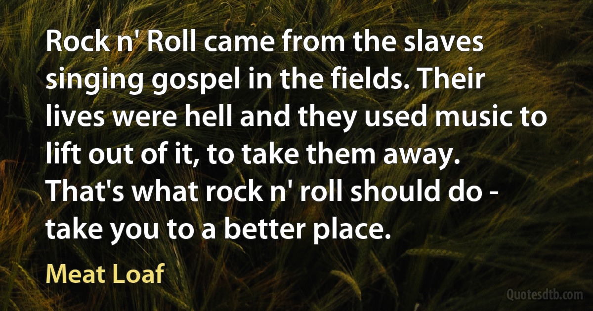 Rock n' Roll came from the slaves singing gospel in the fields. Their lives were hell and they used music to lift out of it, to take them away. That's what rock n' roll should do - take you to a better place. (Meat Loaf)