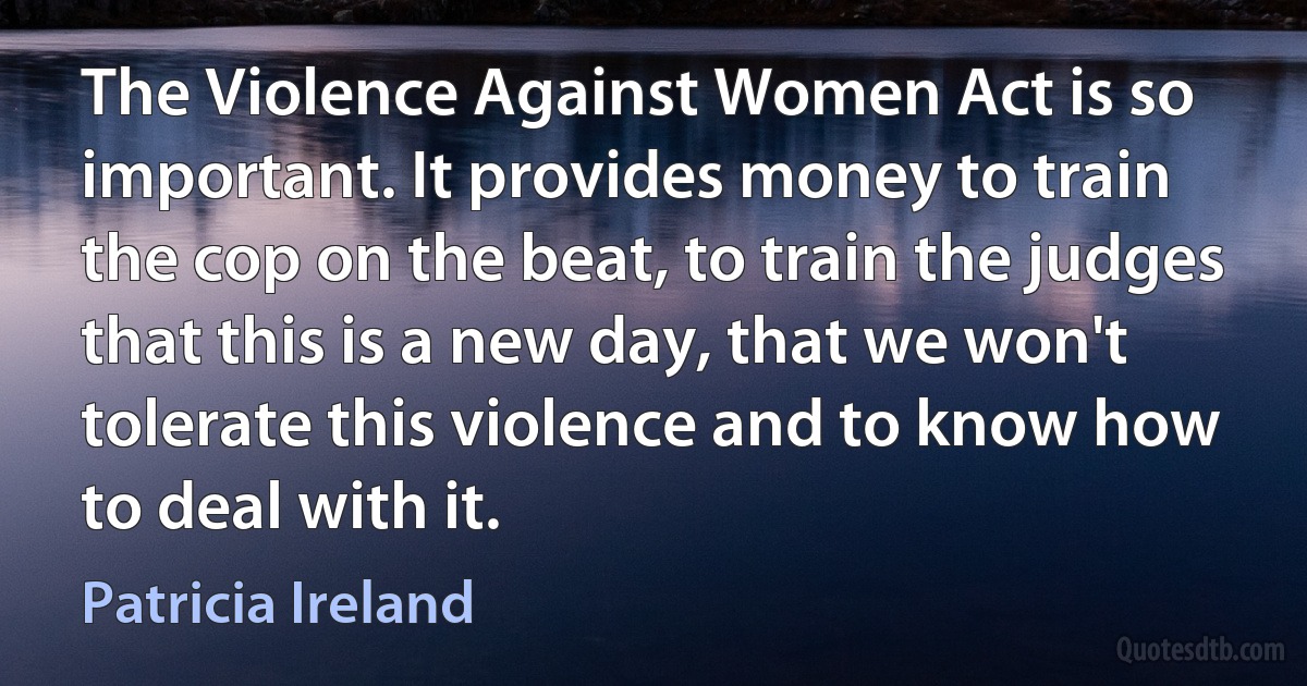 The Violence Against Women Act is so important. It provides money to train the cop on the beat, to train the judges that this is a new day, that we won't tolerate this violence and to know how to deal with it. (Patricia Ireland)