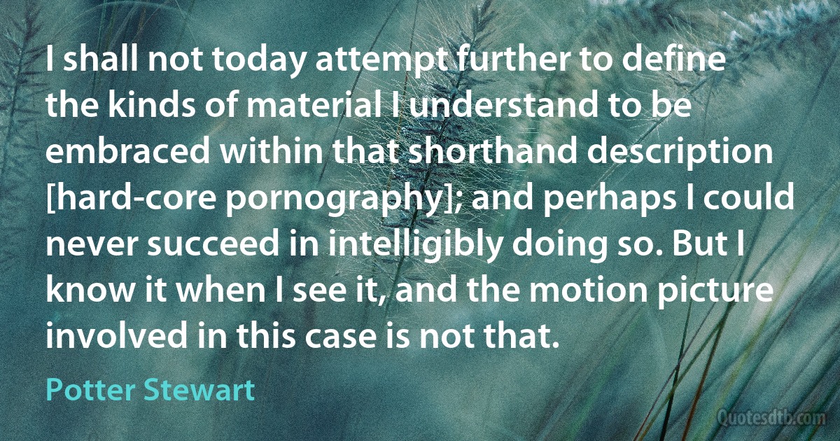 I shall not today attempt further to define the kinds of material I understand to be embraced within that shorthand description [hard-core pornography]; and perhaps I could never succeed in intelligibly doing so. But I know it when I see it, and the motion picture involved in this case is not that. (Potter Stewart)