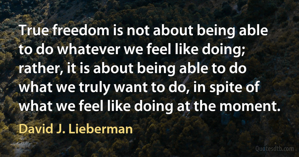 True freedom is not about being able to do whatever we feel like doing; rather, it is about being able to do what we truly want to do, in spite of what we feel like doing at the moment. (David J. Lieberman)