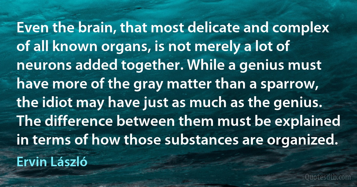 Even the brain, that most delicate and complex of all known organs, is not merely a lot of neurons added together. While a genius must have more of the gray matter than a sparrow, the idiot may have just as much as the genius. The difference between them must be explained in terms of how those substances are organized. (Ervin László)