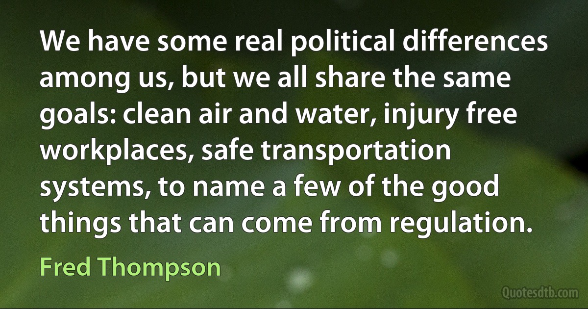 We have some real political differences among us, but we all share the same goals: clean air and water, injury free workplaces, safe transportation systems, to name a few of the good things that can come from regulation. (Fred Thompson)