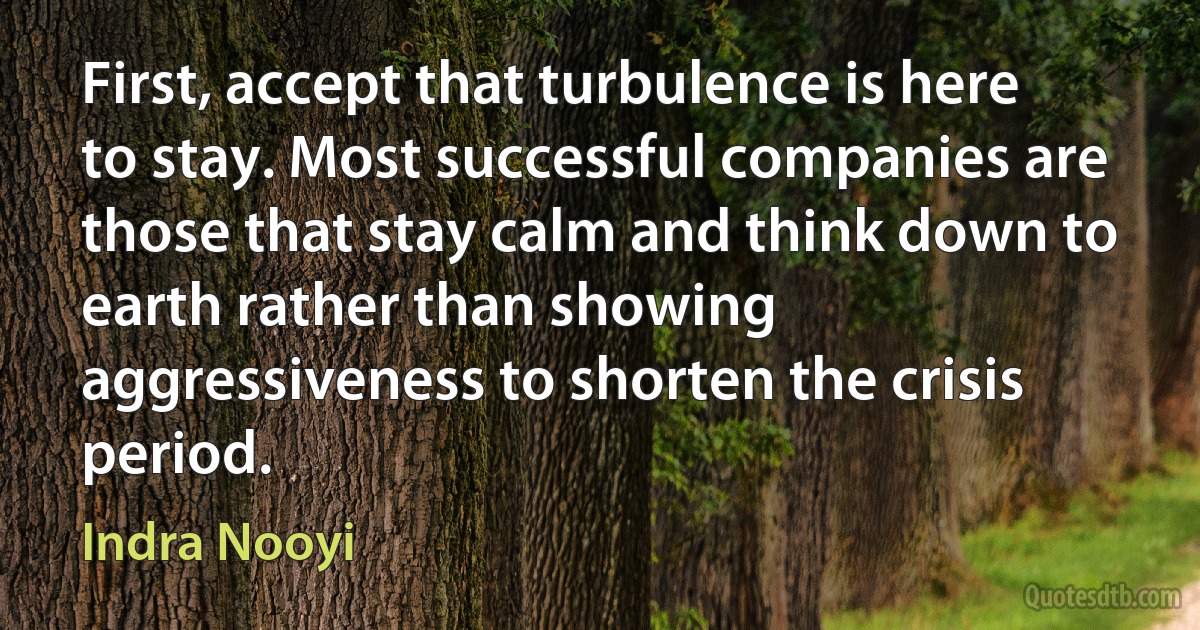 First, accept that turbulence is here to stay. Most successful companies are those that stay calm and think down to earth rather than showing aggressiveness to shorten the crisis period. (Indra Nooyi)