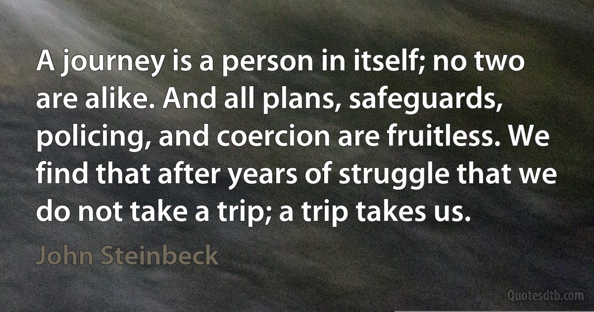 A journey is a person in itself; no two are alike. And all plans, safeguards, policing, and coercion are fruitless. We find that after years of struggle that we do not take a trip; a trip takes us. (John Steinbeck)