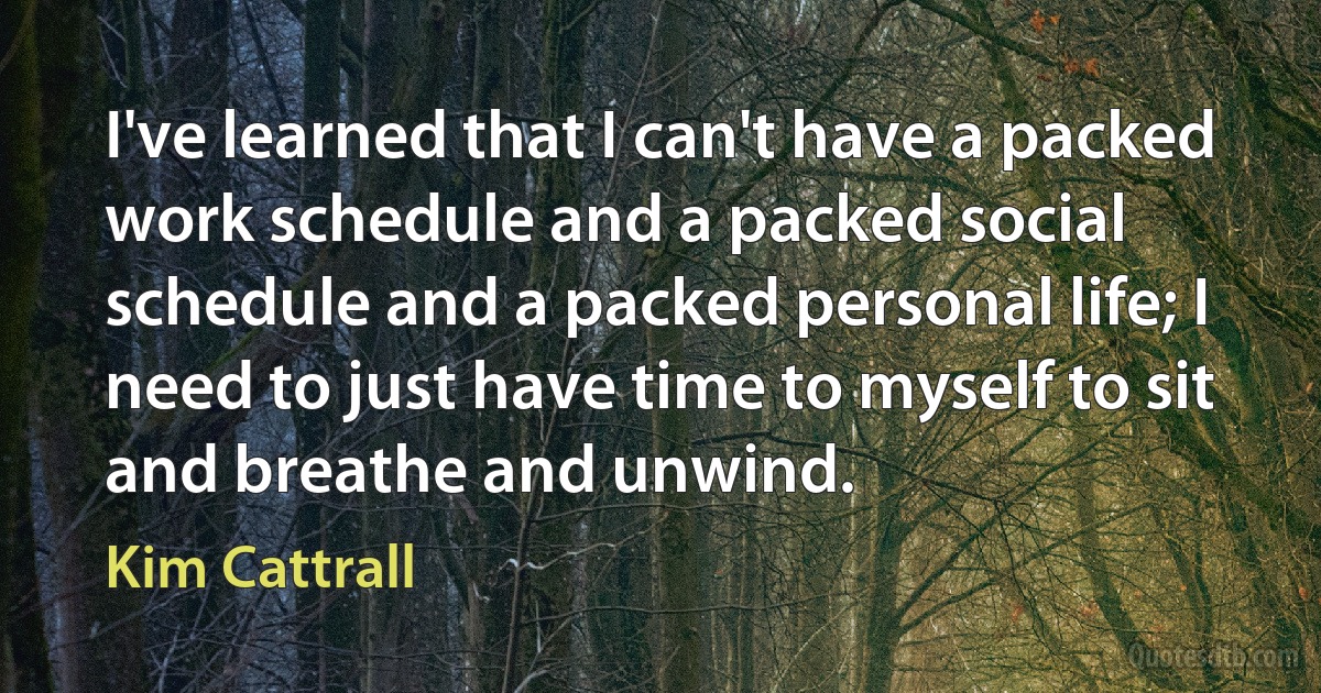 I've learned that I can't have a packed work schedule and a packed social schedule and a packed personal life; I need to just have time to myself to sit and breathe and unwind. (Kim Cattrall)