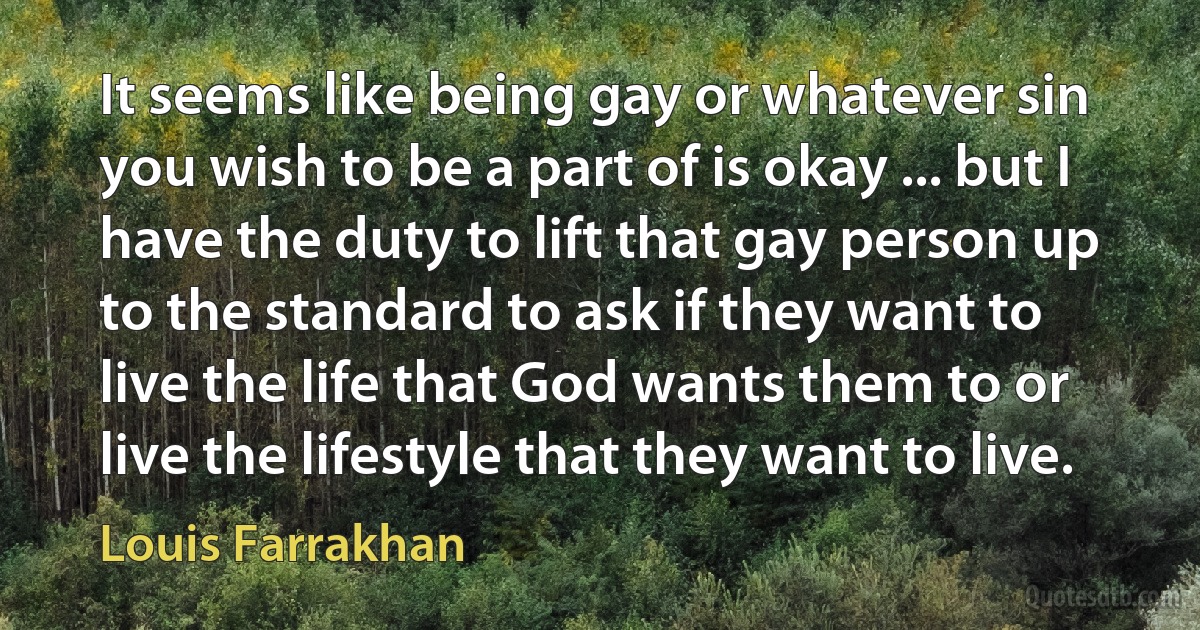 It seems like being gay or whatever sin you wish to be a part of is okay ... but I have the duty to lift that gay person up to the standard to ask if they want to live the life that God wants them to or live the lifestyle that they want to live. (Louis Farrakhan)