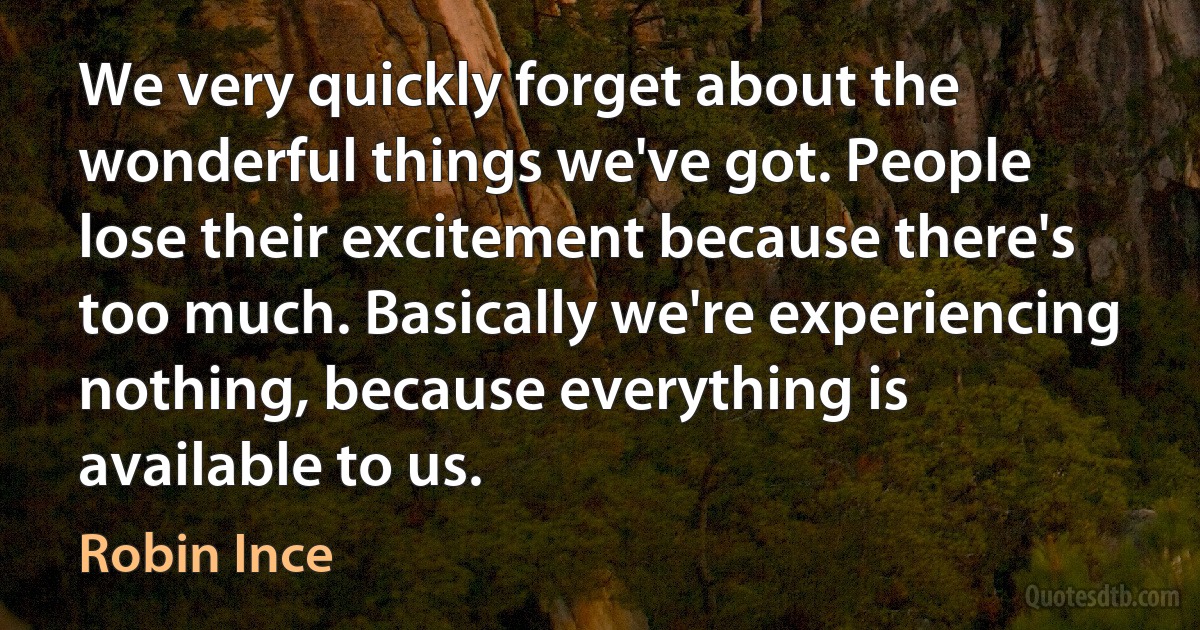 We very quickly forget about the wonderful things we've got. People lose their excitement because there's too much. Basically we're experiencing nothing, because everything is available to us. (Robin Ince)