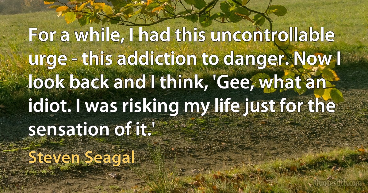 For a while, I had this uncontrollable urge - this addiction to danger. Now I look back and I think, 'Gee, what an idiot. I was risking my life just for the sensation of it.' (Steven Seagal)