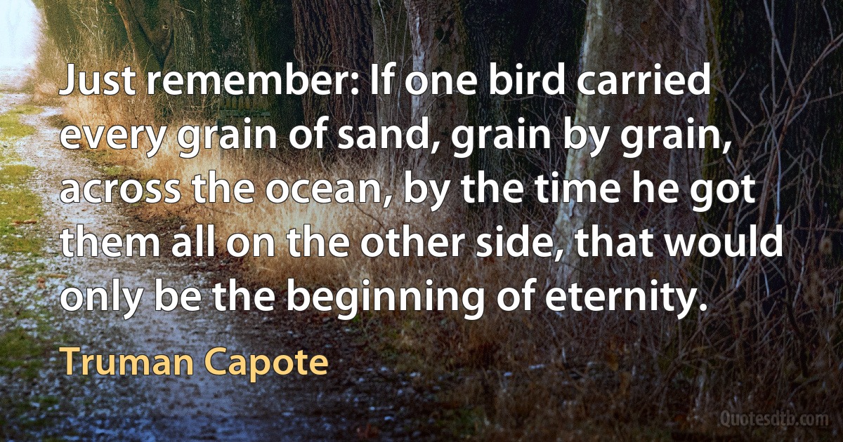 Just remember: If one bird carried every grain of sand, grain by grain, across the ocean, by the time he got them all on the other side, that would only be the beginning of eternity. (Truman Capote)