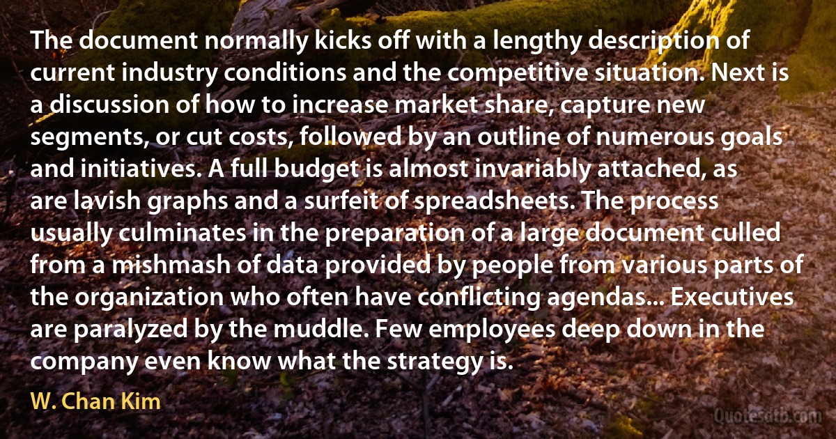 The document normally kicks off with a lengthy description of current industry conditions and the competitive situation. Next is a discussion of how to increase market share, capture new segments, or cut costs, followed by an outline of numerous goals and initiatives. A full budget is almost invariably attached, as are lavish graphs and a surfeit of spreadsheets. The process usually culminates in the preparation of a large document culled from a mishmash of data provided by people from various parts of the organization who often have conflicting agendas... Executives are paralyzed by the muddle. Few employees deep down in the company even know what the strategy is. (W. Chan Kim)