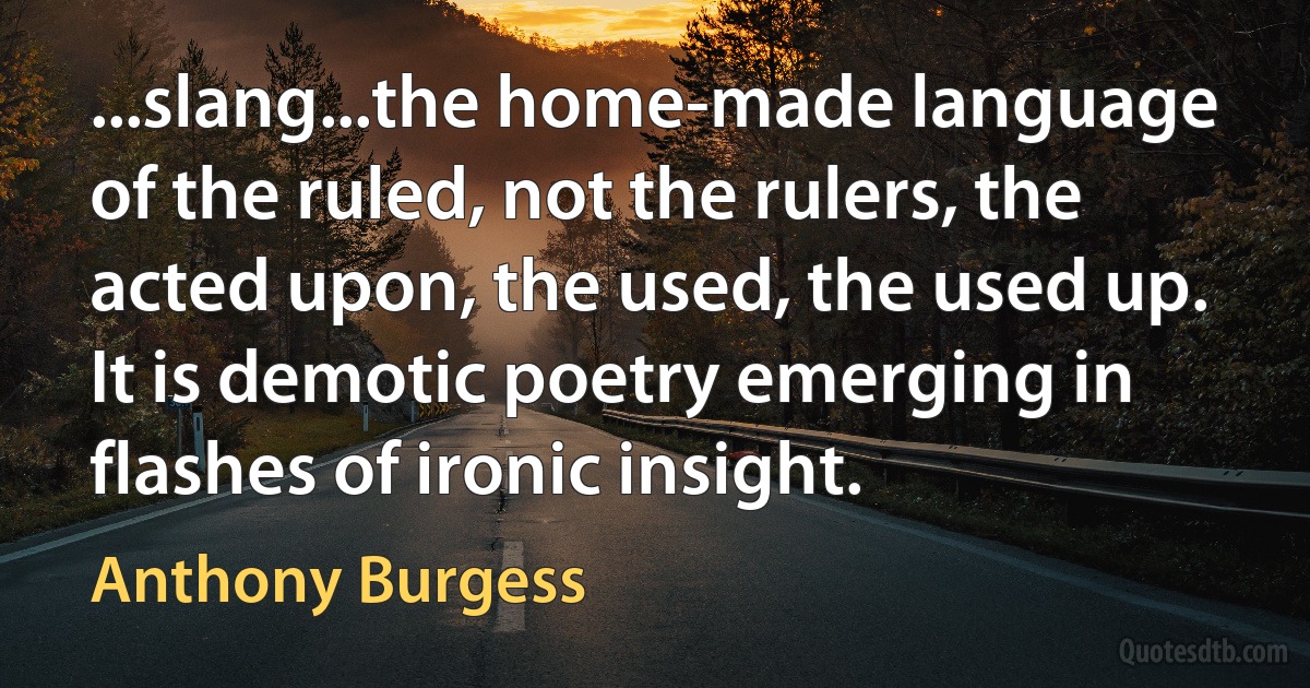 ...slang...the home-made language of the ruled, not the rulers, the acted upon, the used, the used up. It is demotic poetry emerging in flashes of ironic insight. (Anthony Burgess)