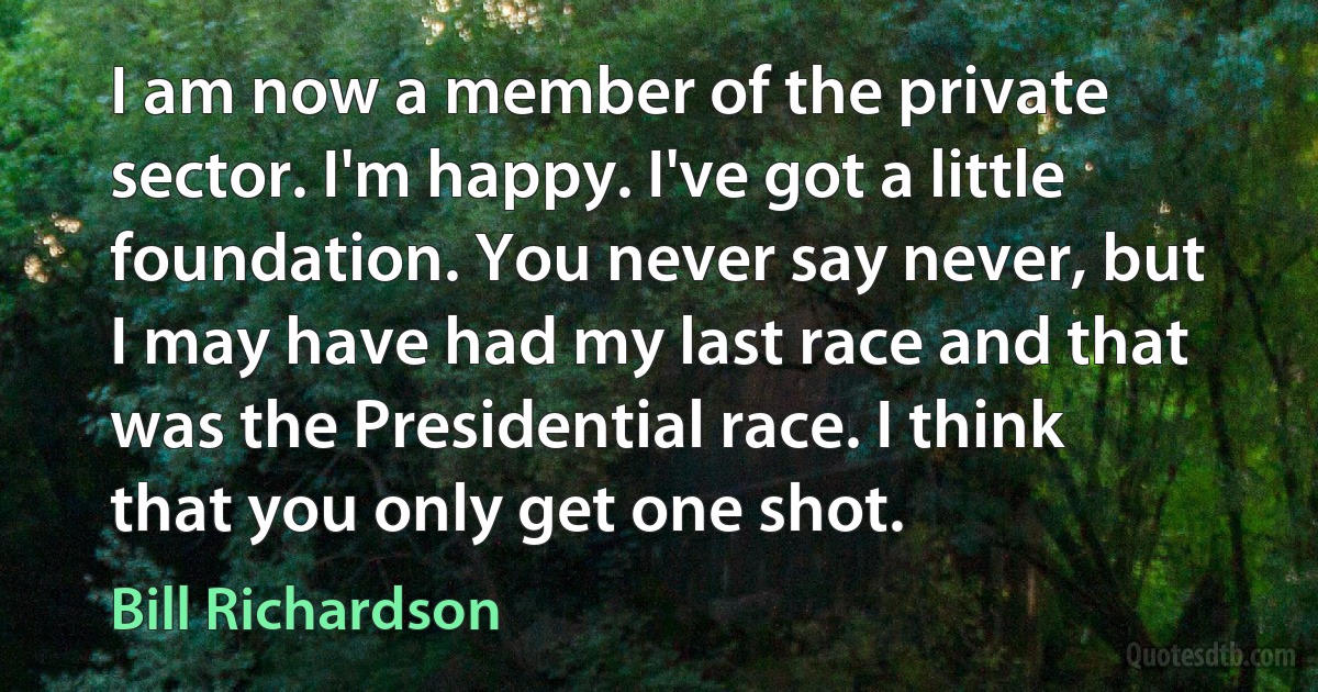 I am now a member of the private sector. I'm happy. I've got a little foundation. You never say never, but I may have had my last race and that was the Presidential race. I think that you only get one shot. (Bill Richardson)