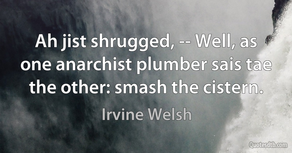 Ah jist shrugged, -- Well, as one anarchist plumber sais tae the other: smash the cistern. (Irvine Welsh)