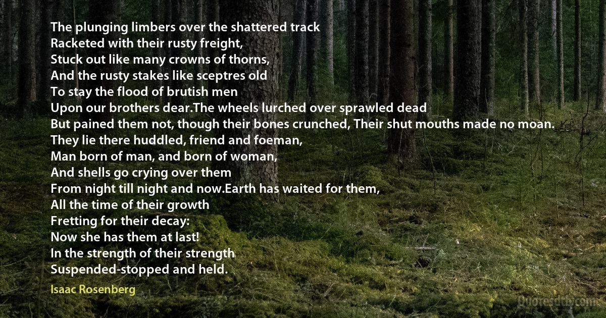 The plunging limbers over the shattered track
Racketed with their rusty freight,
Stuck out like many crowns of thorns,
And the rusty stakes like sceptres old
To stay the flood of brutish men
Upon our brothers dear.The wheels lurched over sprawled dead
But pained them not, though their bones crunched, Their shut mouths made no moan.
They lie there huddled, friend and foeman,
Man born of man, and born of woman,
And shells go crying over them
From night till night and now.Earth has waited for them,
All the time of their growth
Fretting for their decay:
Now she has them at last!
In the strength of their strength
Suspended-stopped and held. (Isaac Rosenberg)