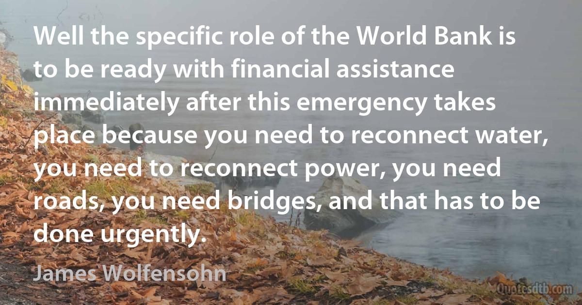 Well the specific role of the World Bank is to be ready with financial assistance immediately after this emergency takes place because you need to reconnect water, you need to reconnect power, you need roads, you need bridges, and that has to be done urgently. (James Wolfensohn)